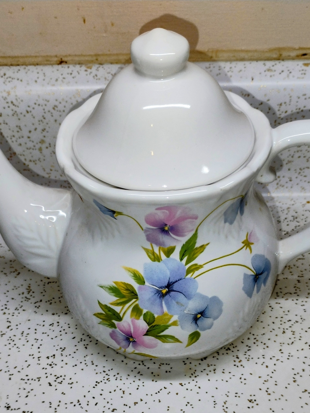 White Porcelain Teapot with Blue and Pink Morning Glory Floral Design